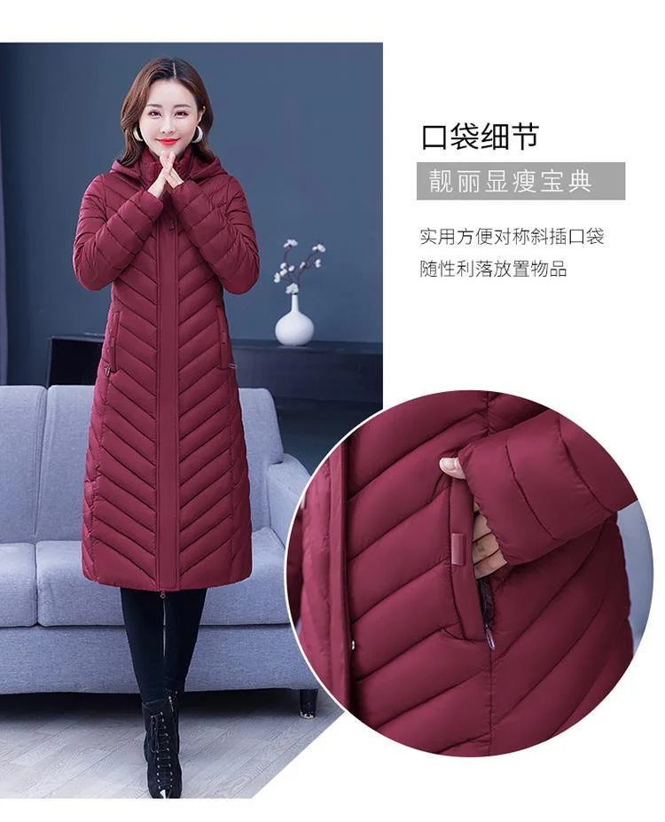 NEW Middle-aged Womens Down Cotton Coat Winter Long Warm Quilted Cotton Jacket Female Casual Hooded Parka Overcoat Purple 5XL