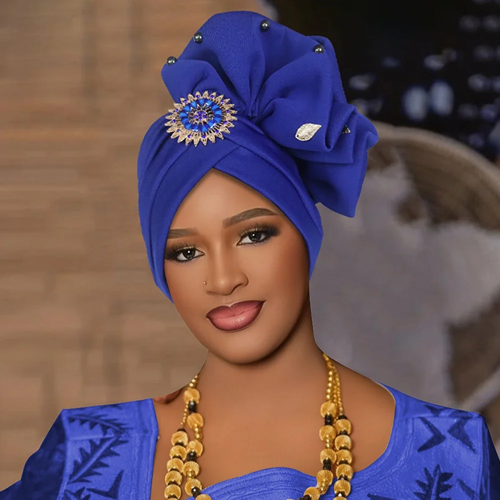 

Элегантный женский тюрбан, шапка с бриллиантами, цветок, африканский готовый головной убор геле, мусульманский хиджаб, повязка на голову, капот, нигерийский головной убор, тюрбан Mujer