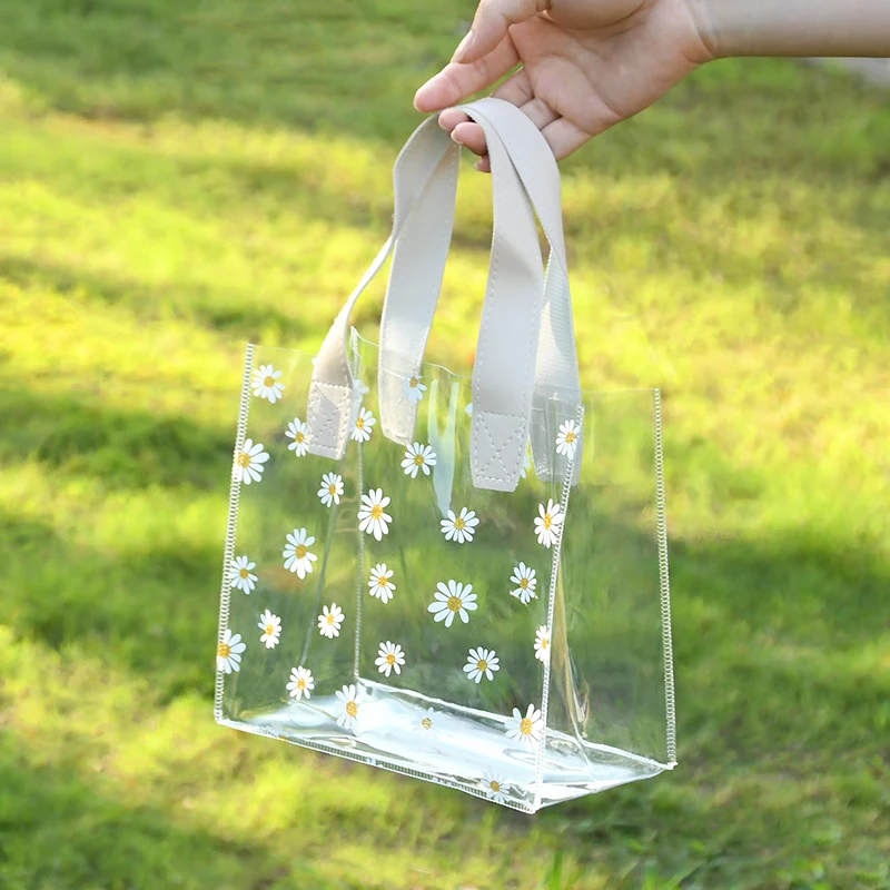 Daisy Pattern Transparent Tote Bags PVC Clear Gift Handbag Plastic Shopping Bag Birthday Wedding Party Gifts Packaging Supplies