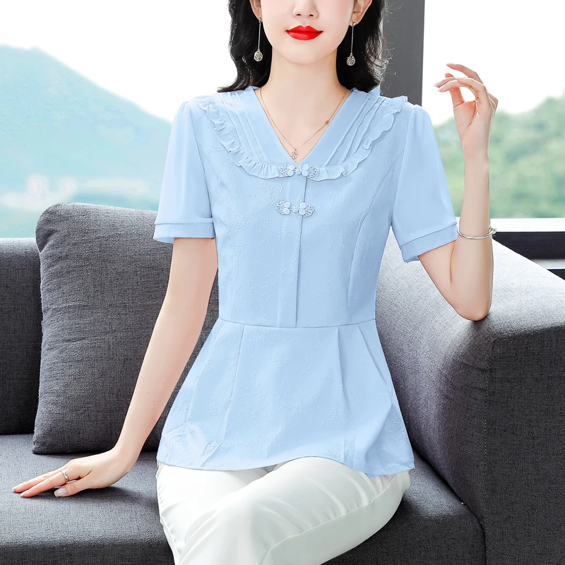 Women Ruffled Chinese Style Elegant Blouse Fashion Sweet Short Sleeve V Neck Shirt Casual Solid Slim Chic Tops Blusas Para Mujer