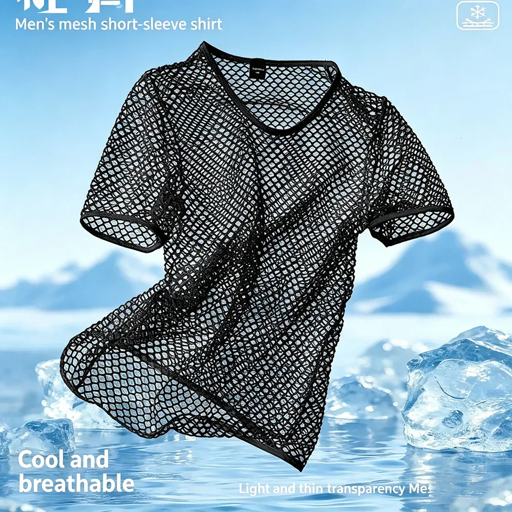 Mens Mesh See Through T Shirt Ice Cool Breathable Fishnet Hollow Out Short Sleeve image 3