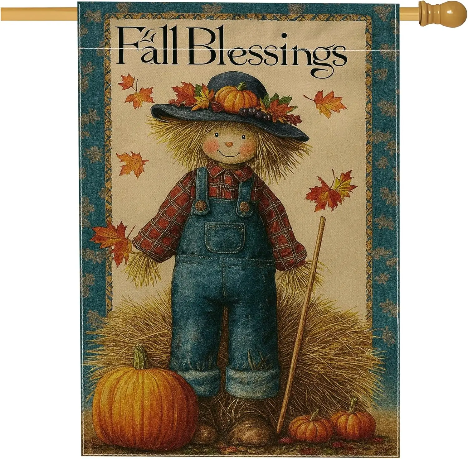 Autumn Harvest Scarecrow Garden Flag, Orange Pumpkin Maple Leaves Outdoor Decor, Double Sided Burlap Yard Banner Fall Party  yyi