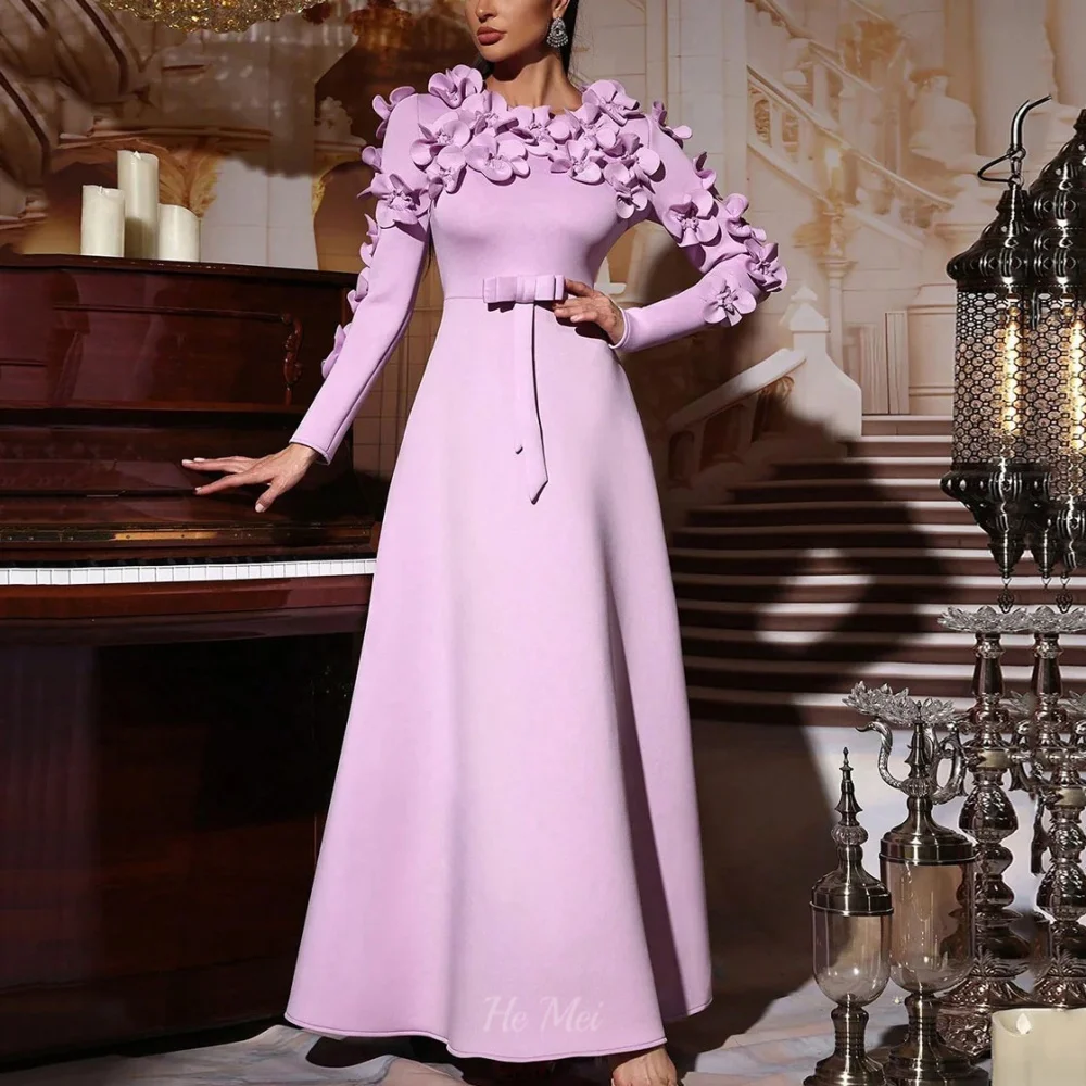 Customized with 3D Flowers Prom Dress Vintage A Line Evening Gown Long Sleeves Eleagnt Party Gowns شارون سعيد