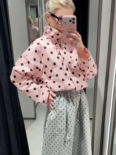 Imagen 1 del producto Chaqueta de Mujer HH de Manga Larga con Estampado de Lunares Rosas, Chaqueta Corta de Cuello Alto con Botones, Chaqueta Casual de Primavera para Mujer