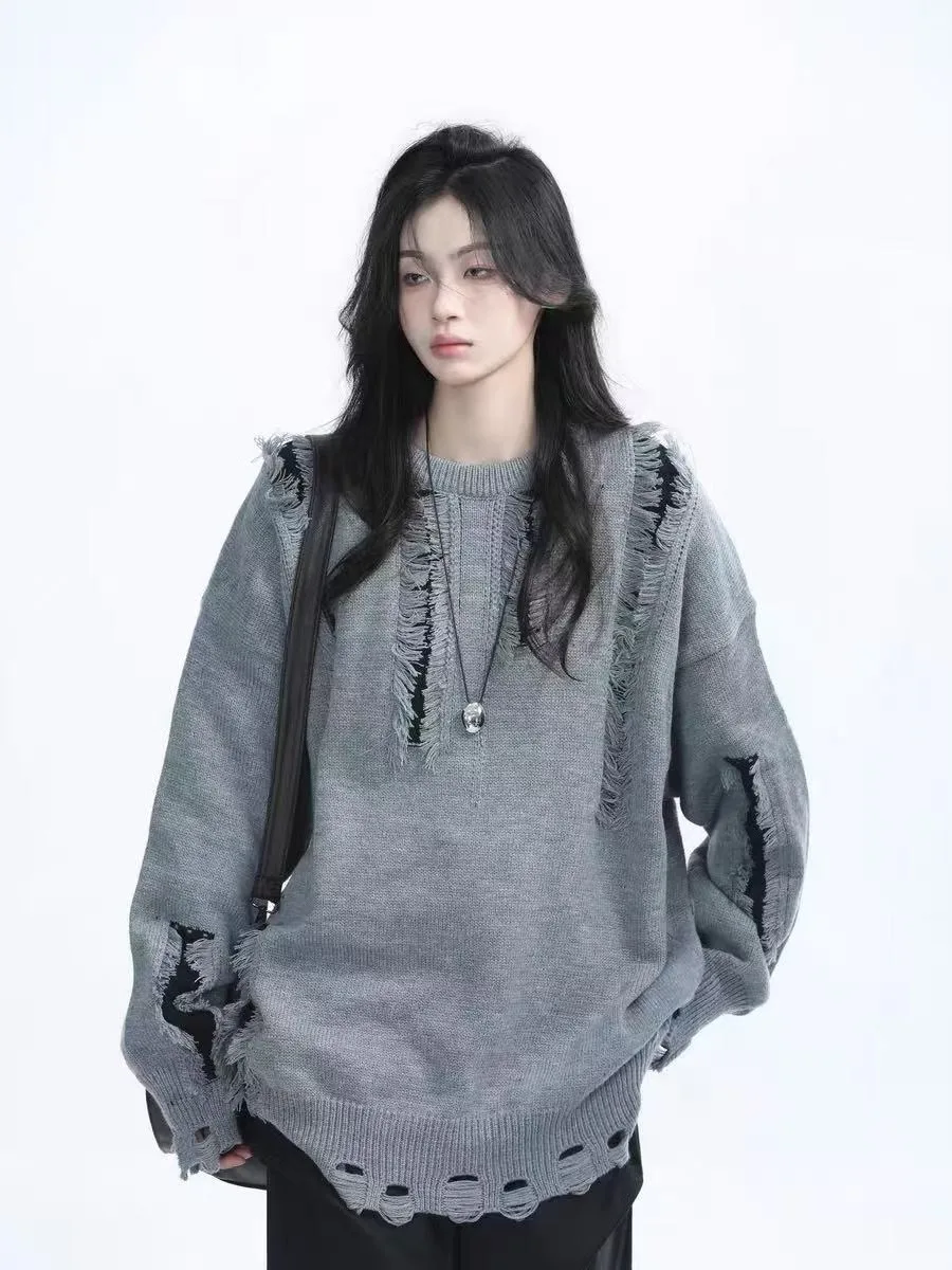 

Ретро американский свитер с круглыми отверстиями для мужчин и женщин, осень-зима, новый тренд, уличный повседневный дизайн, вязаный топ ex