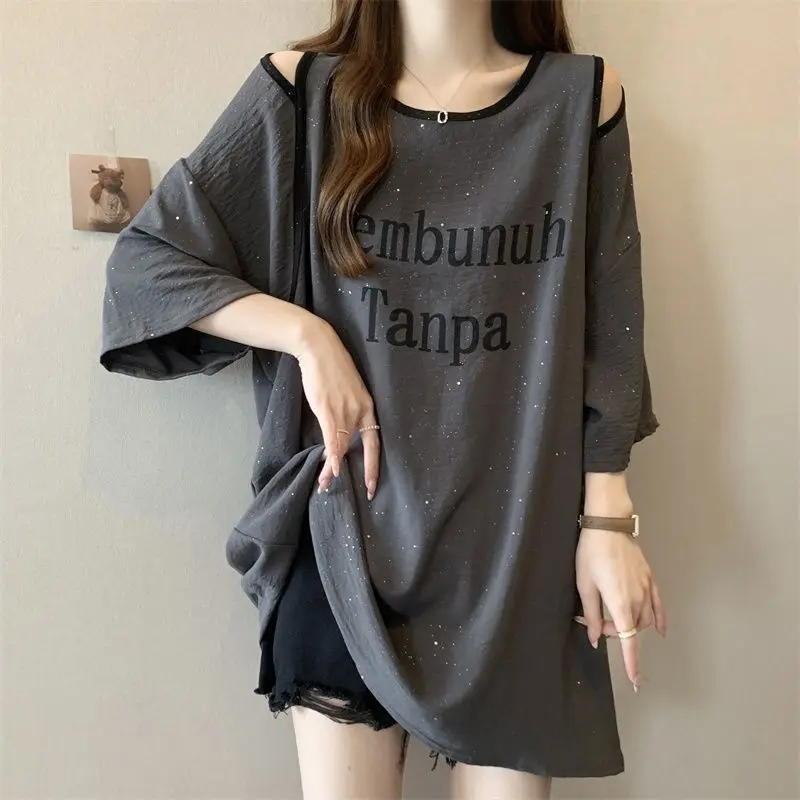 Trend Hollow Out Off Shoulder Tops Tees Summer New Short Sleeve Letter Printing Loose Casual T Shirts Fashion Y2K Women Clothing