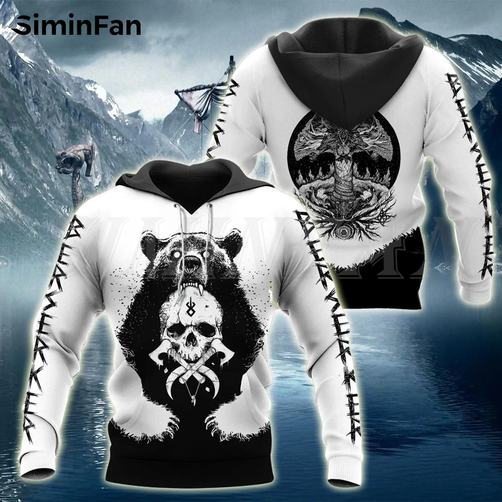 Bear Viking Skull Tattoo 3D Printed Men Hoodies Zipper Jacket Harajuku Hooded Pullover Unisex Casual Outwear Women Sweatshirt