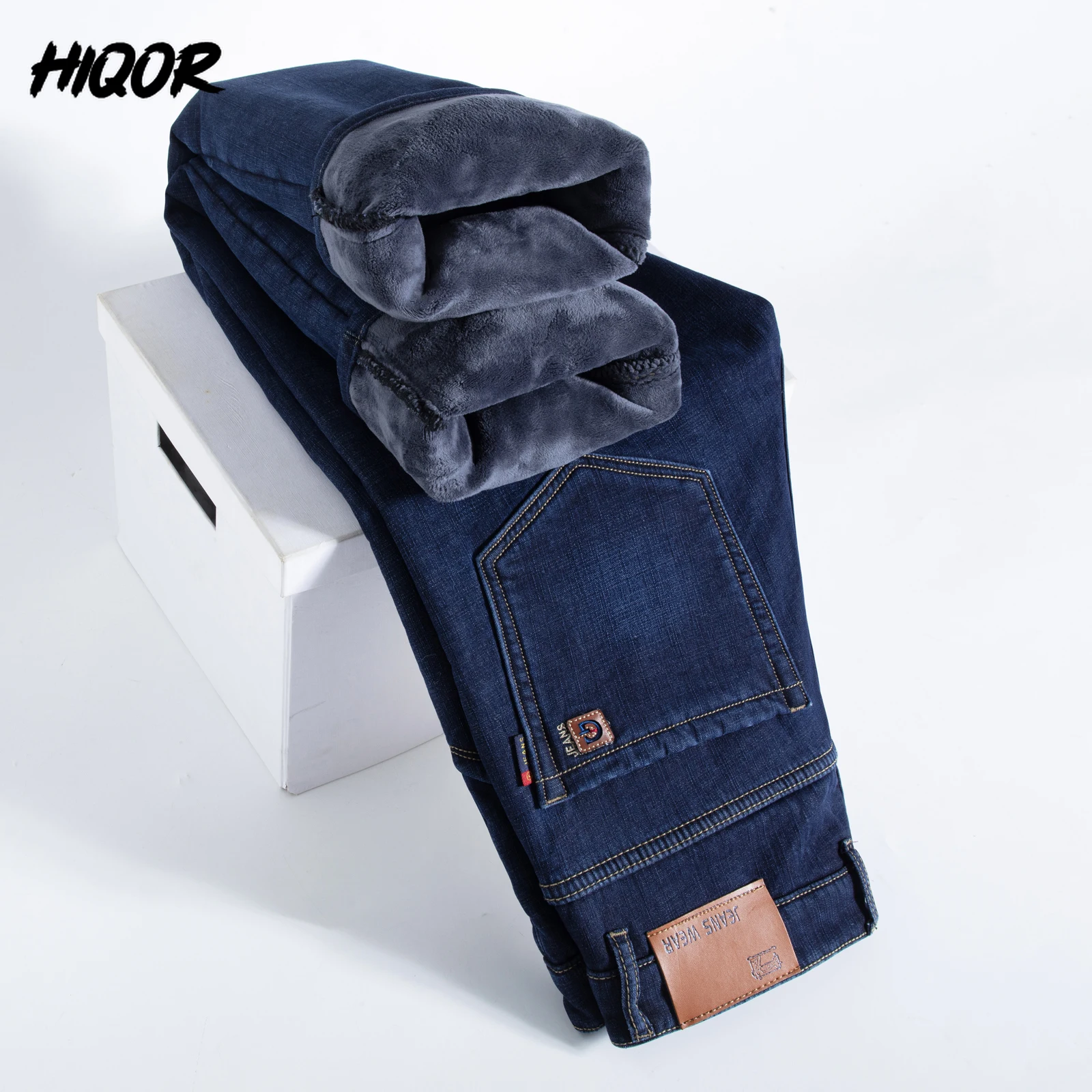 HIQOR New In Baggy Jeans Winter Casual Men's Warm Fleece Jeans Classic Business Denim Trousers Thicken Man Pants Mens Clothing