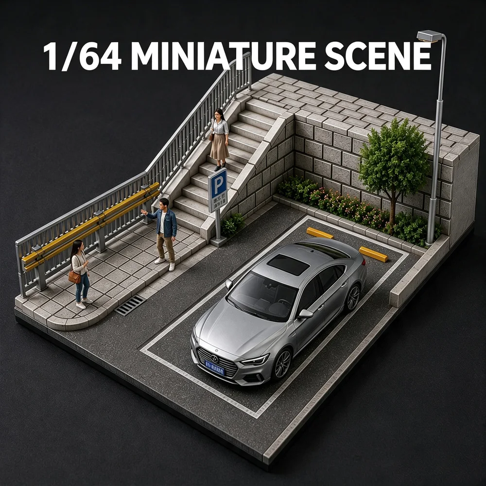 1:64 Mini Miniature Park Parking Scene Car Model Ornament 3D Printed DIY Scene White Model Desktop Display Decor Stand