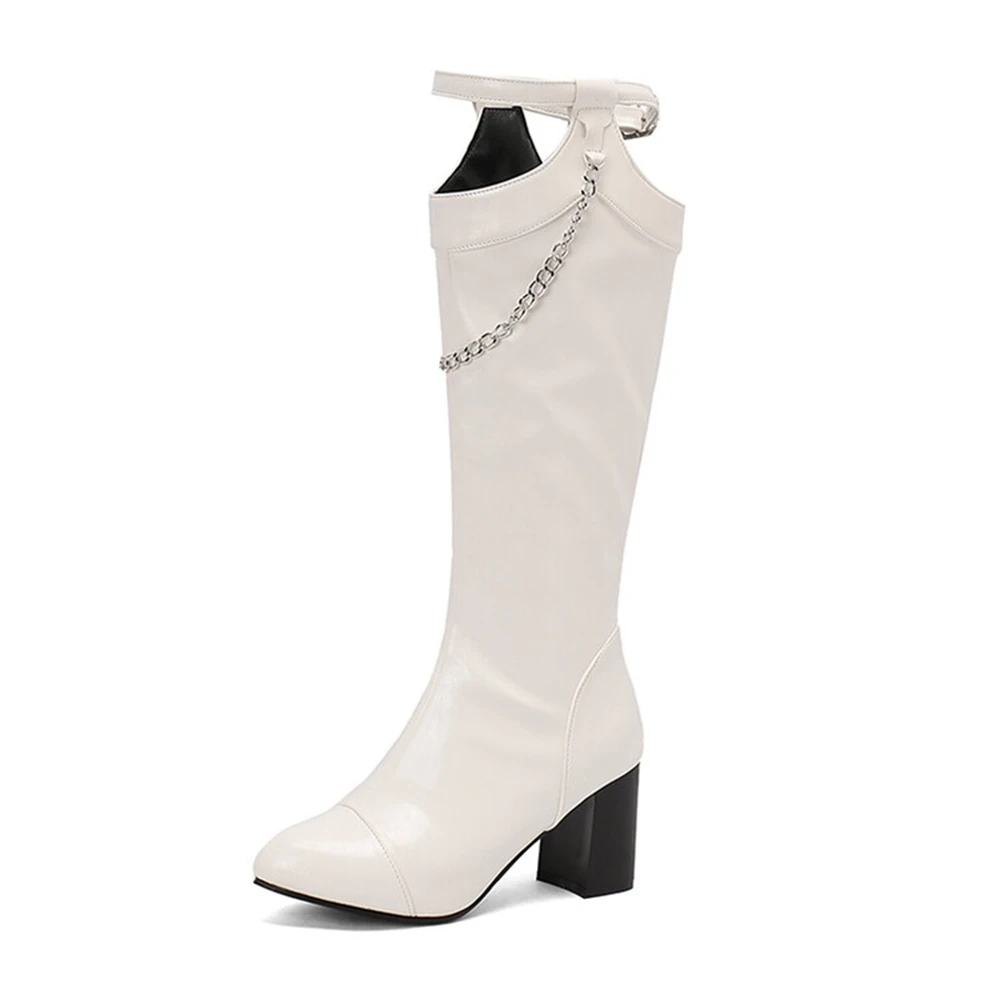 

Botas De Mujer Knee High Boots Women Pointed Toe Block High Heels Zipper Chain Metal Decor Brown Long Boots Plus Size 47 48 749