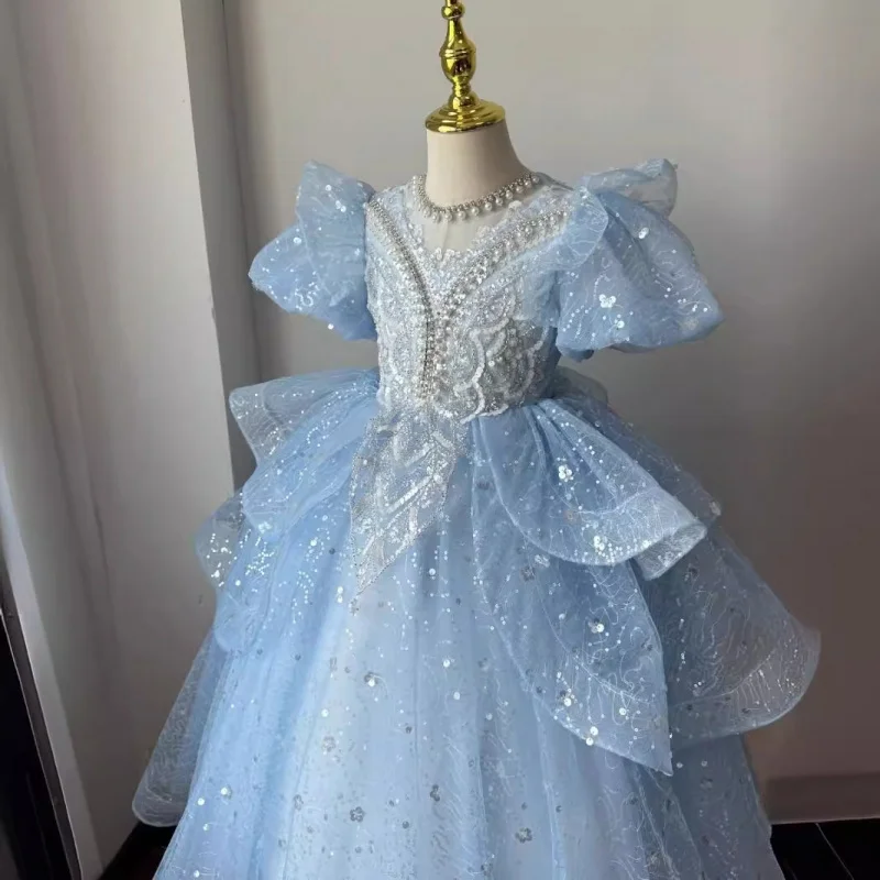 Girls' Dress2025New Spring Elsa Baby Princess Dress Puffy Tulle Blue Birthday Little Host Performance