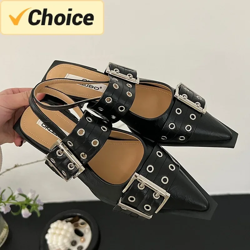 Zapatos planos con hebilla de lujo para mujer, sandalias informales con talón descubierto y punta estrecha, Talla grande 34-43