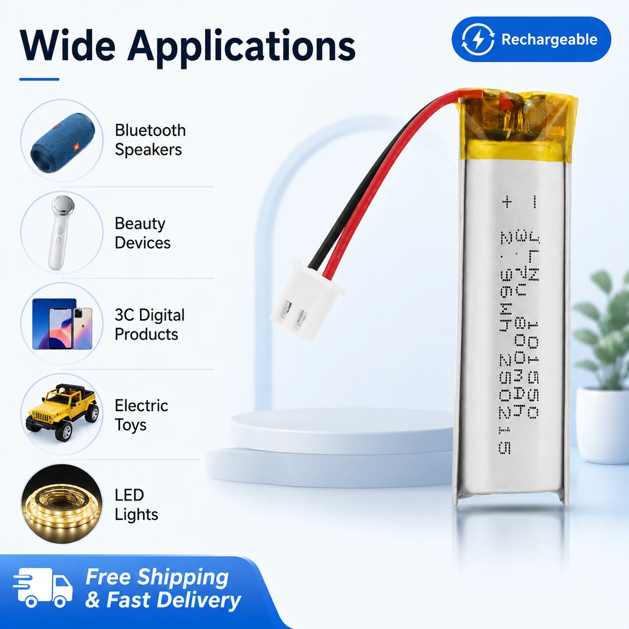 3.7V 800mAh Rechargeable Li-Po Battery 101550 with PH2.0 Connector for LED Lights Toys Audio Devices Replacement Battery - view 4