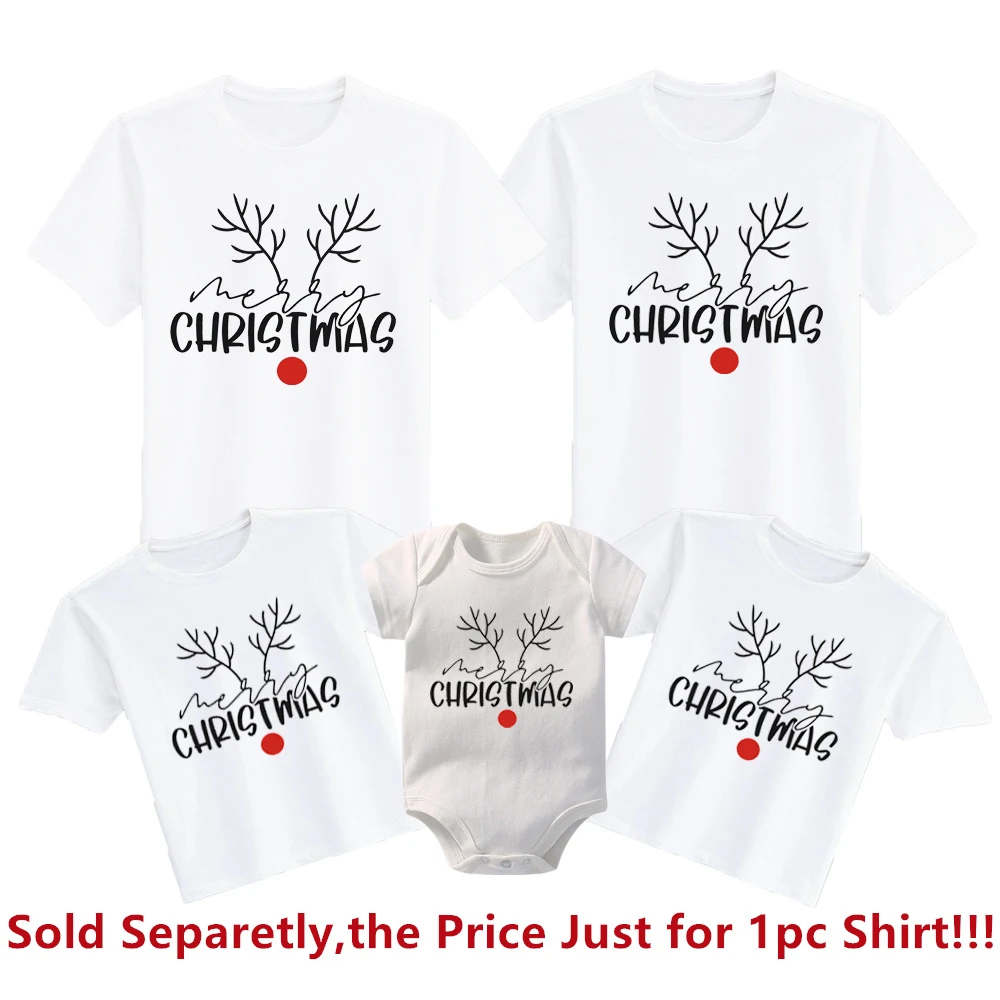 Merry Christmas Print Family Matching Clothes Cotton Daddy Mommy Kids Tshirts Baby Bodysuits Family Look New Year Party Outfits