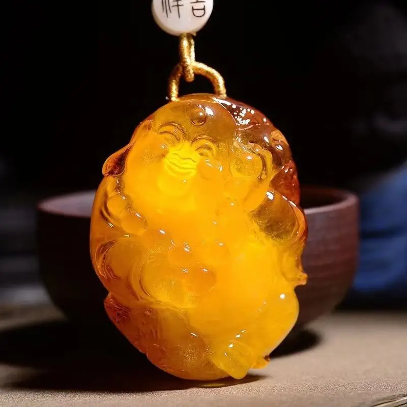 Gift: Old amber raw leather carved Buddha pendant, unisex