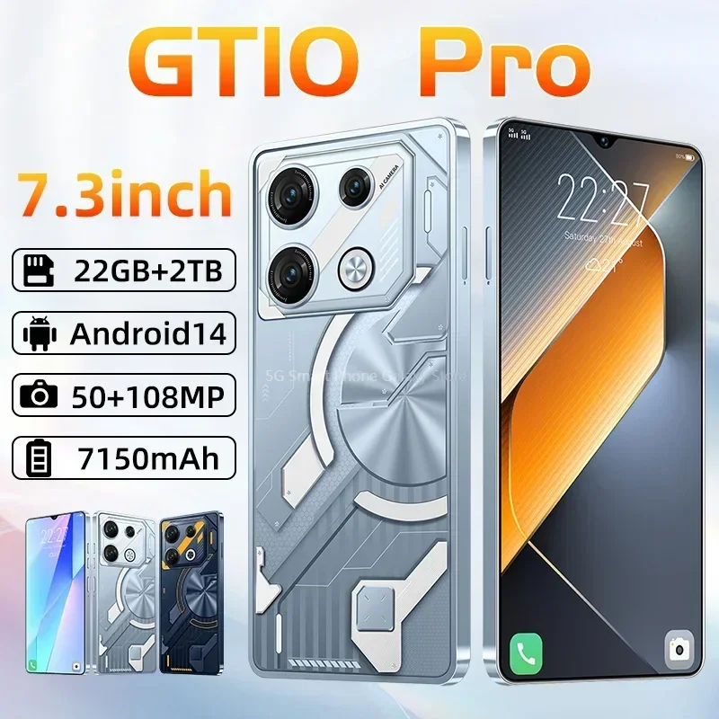 Cellphones GT10 Pro Smartphone 5G Original 7.3HD 22G+2T Dual Sim Android 14 Cell Phone Unlocked 108MP 7150mAh Smart Mobile Phone