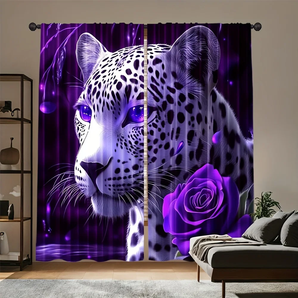 2pcs Purple Leopard Rose Curtains Fantasy Animal Print Blackout Drape Living Room Bedroom Window Treatment Home Decor
