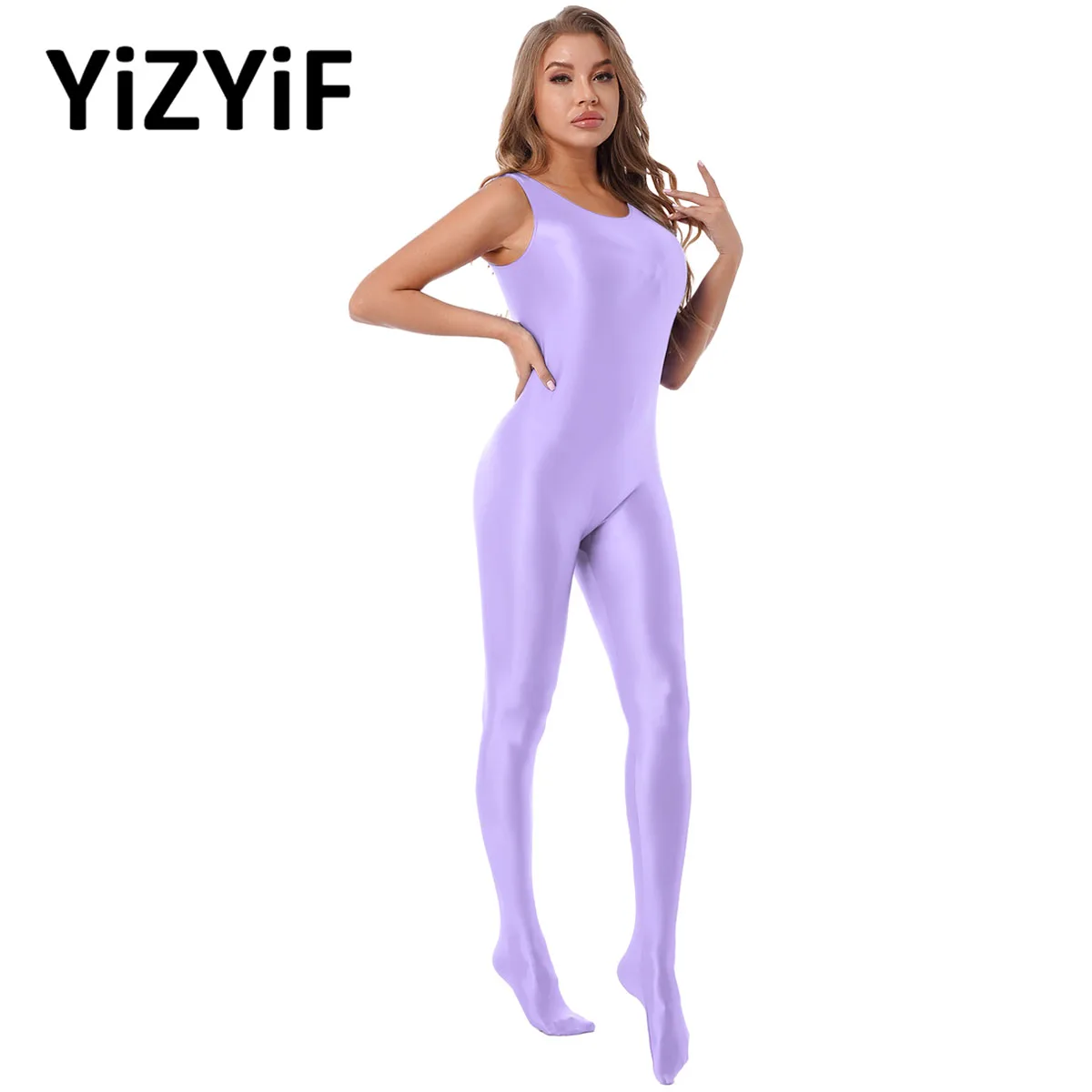 

Womens Swimsuit Glossy Smooth Sleeveless Full Body Bodysuit Sportwear Solid Color Sport Fitness Bodystocking Clubwear