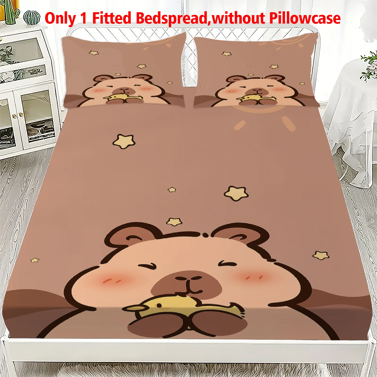 1pc Kawaii Capybara Fitted Sheet Cartoon Print Deep Pocket Elastic Mattress Cover No Pillowcase Twin Full Queen King Bedding