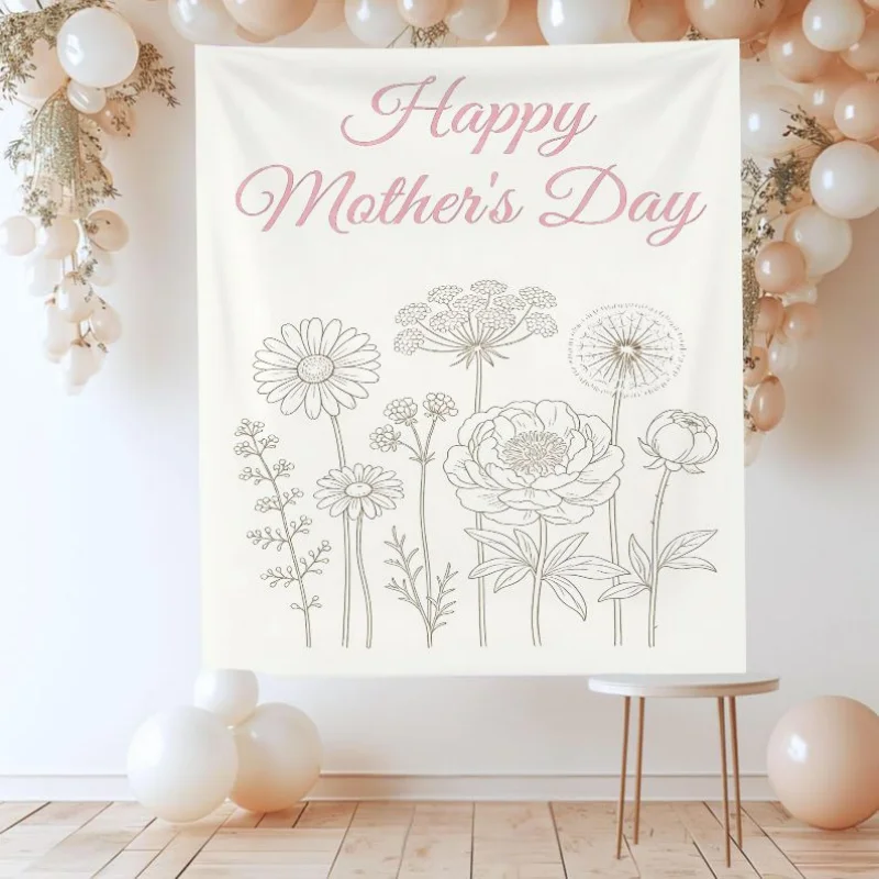 Happy Mother's Day Line Art Daisy Flower Tapestry Watercolor Wreath Polyester Wall Hanging Decoration Home Decoration