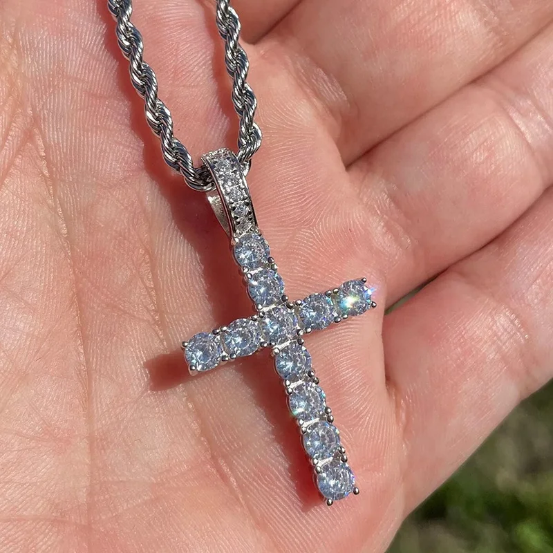 Iced Out Crystal Zircon Cross Pendant Necklace Silver Plated Twisted Chain Necklaces For Men Women