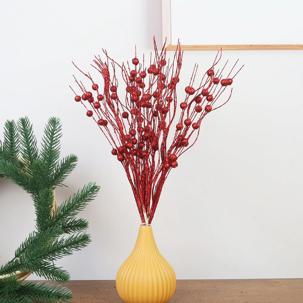 5pcs Christmas Decoration Glitter Stem Branch Plantas Artificiales Home Garden Decor DIY Powder Berry Fake Foam Ball Plantas