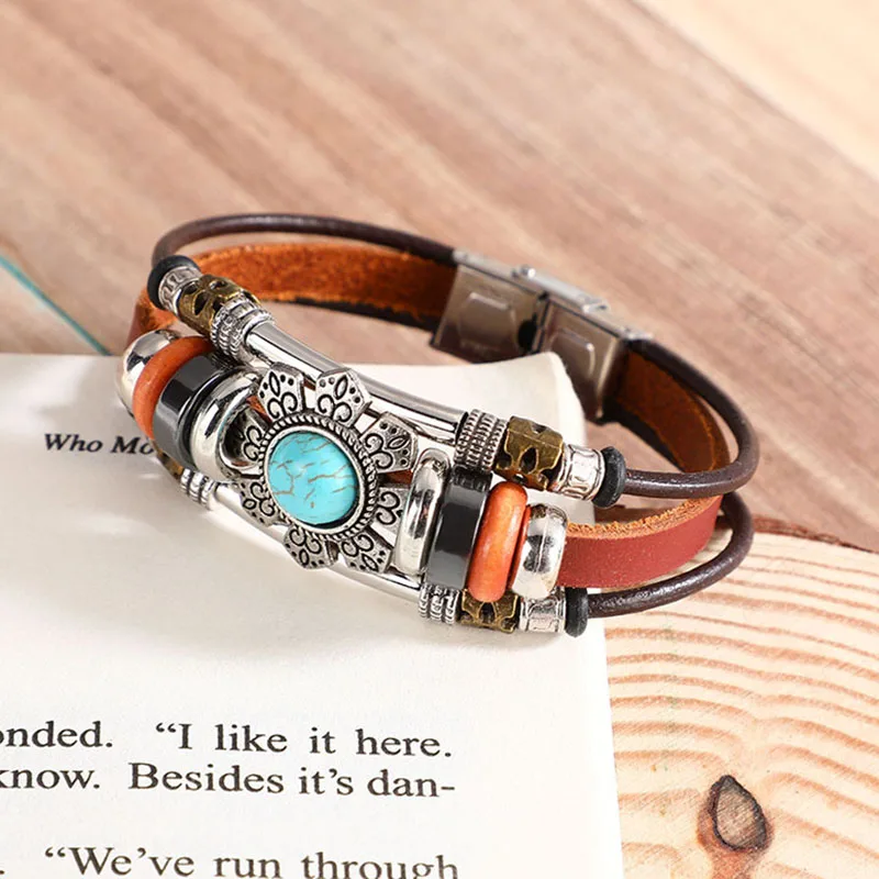 Tibetan Lotus Flower Synthetic Turquoise Stone Charm Bracelets Leather Wristband Vintage Genuine Leather Bracelet for Women Men