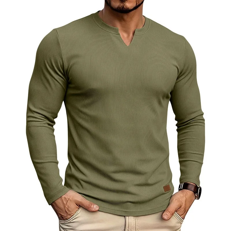 Men Ribbed V Notch Long Sleeve T Shirt Slim Fit Heavyweight Casual Undershirt For Amazon Cross Border
