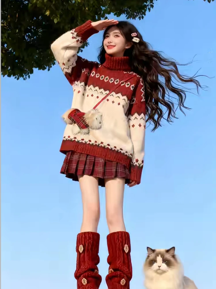 Cisas inverno camisola de malha e saia xadrez conjunto feminino faion duas peças conjunto vermelho fair isle malha princ sle