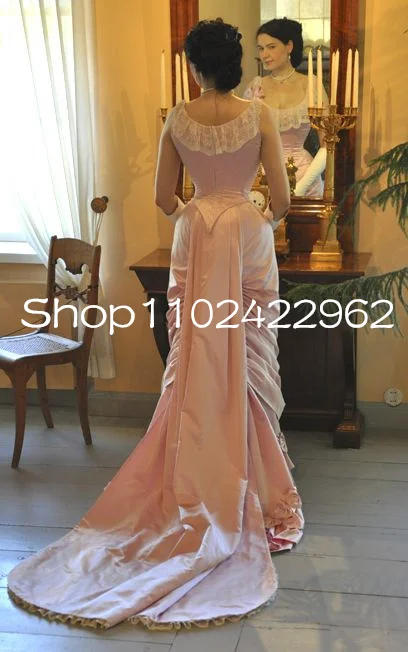 Vintage Pink Form Ball Gown Prom Dresses Lace Stain Victorian Society Historical Halloween Masquerade evening gowns customsized