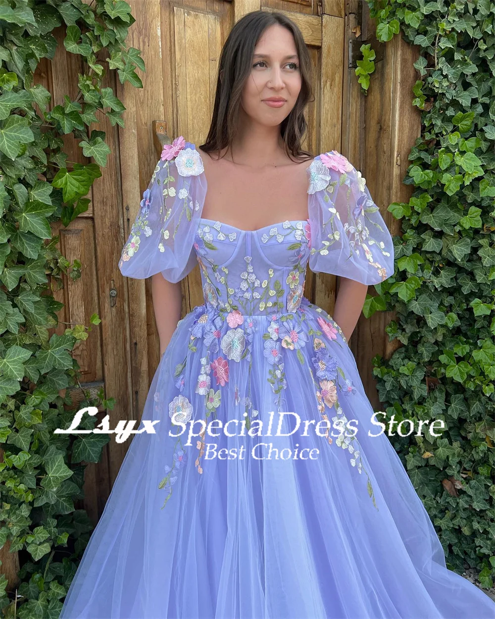 LSYX Pastrol Prom Gown Exquisite Floral Appliques A-line Birthday Party Dresses Half Sleeves Evening Dresses robes de soirée