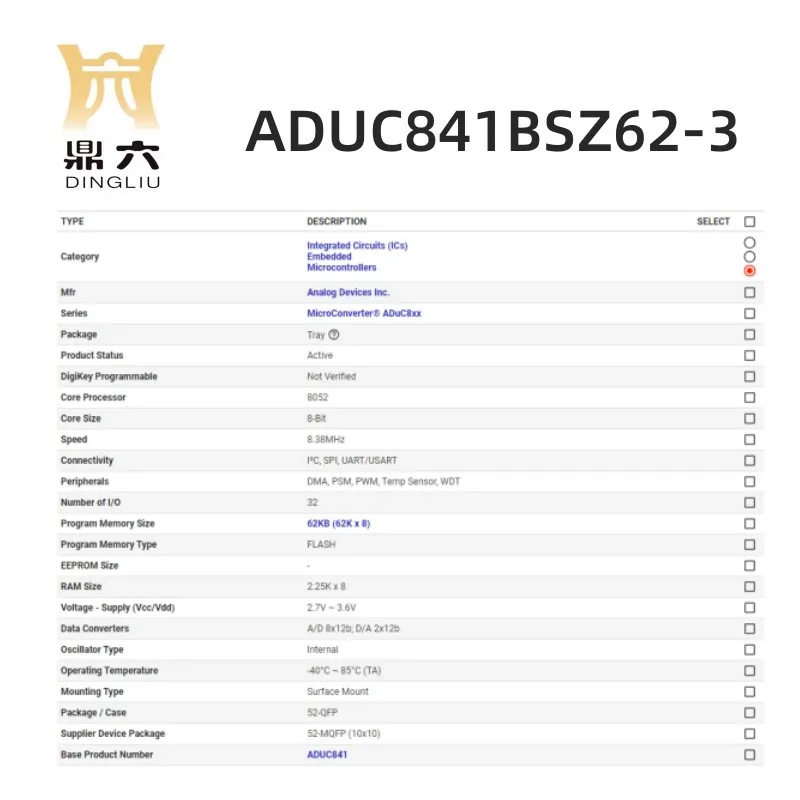 ADUC841BSZ62-3 Microcontroller IC 8-Bit   52MQFP