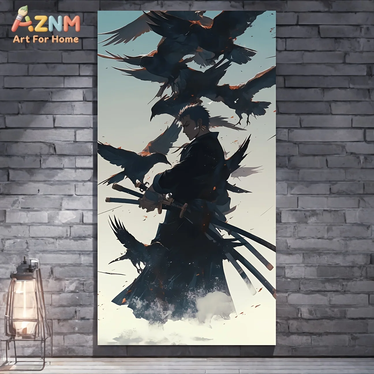 AZNM One Piece Roronoa Zoro Black Crow Cloud Mist Samurai Three Swords Anime Canvas Wall Art Manga Character Print Unframed Canv