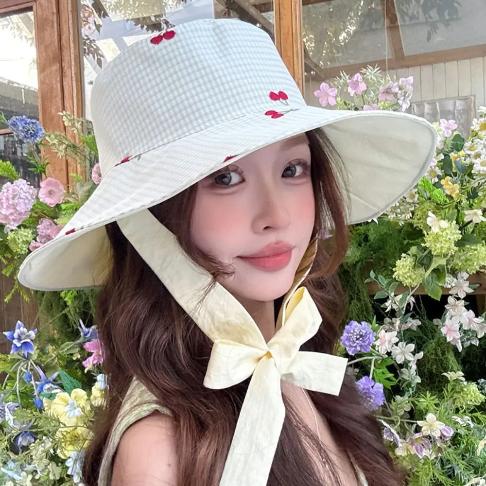 

Ribbon Women Fisherman Hat Lace Wide Brim Sunshade Hat Sun Protection Double Sided Wearable Embroidered Cherry Bucket Hat Summer