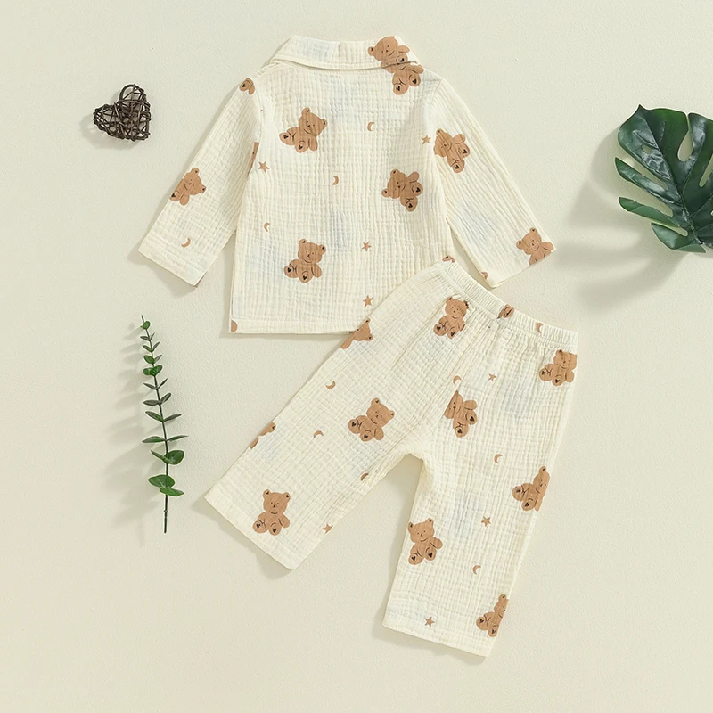 Kids Toddler Girl Boy Two Piece Pajamas Set Button Down Pajama Shirt Top Pants Shorts Cute Bear Print Sleepwear Pjs Set 1-6Y