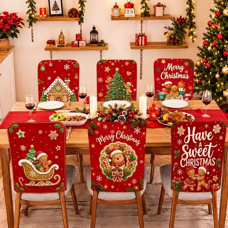 VIKAMA 6 Pcs Christmas Chair Cover Set Stretch Dining Chair Slipcover for Kitchen Party Holiday Home Decor Festive Chair