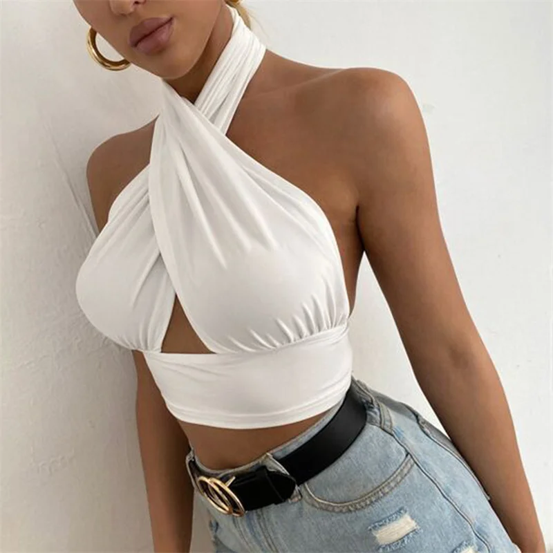 Y2k Tops Cross Halter Bustier Women Tie Up Wrap Tube Tops Backless Slim Fit Cut Out Front Tops 00s Aesthetic Clothing Streetwear