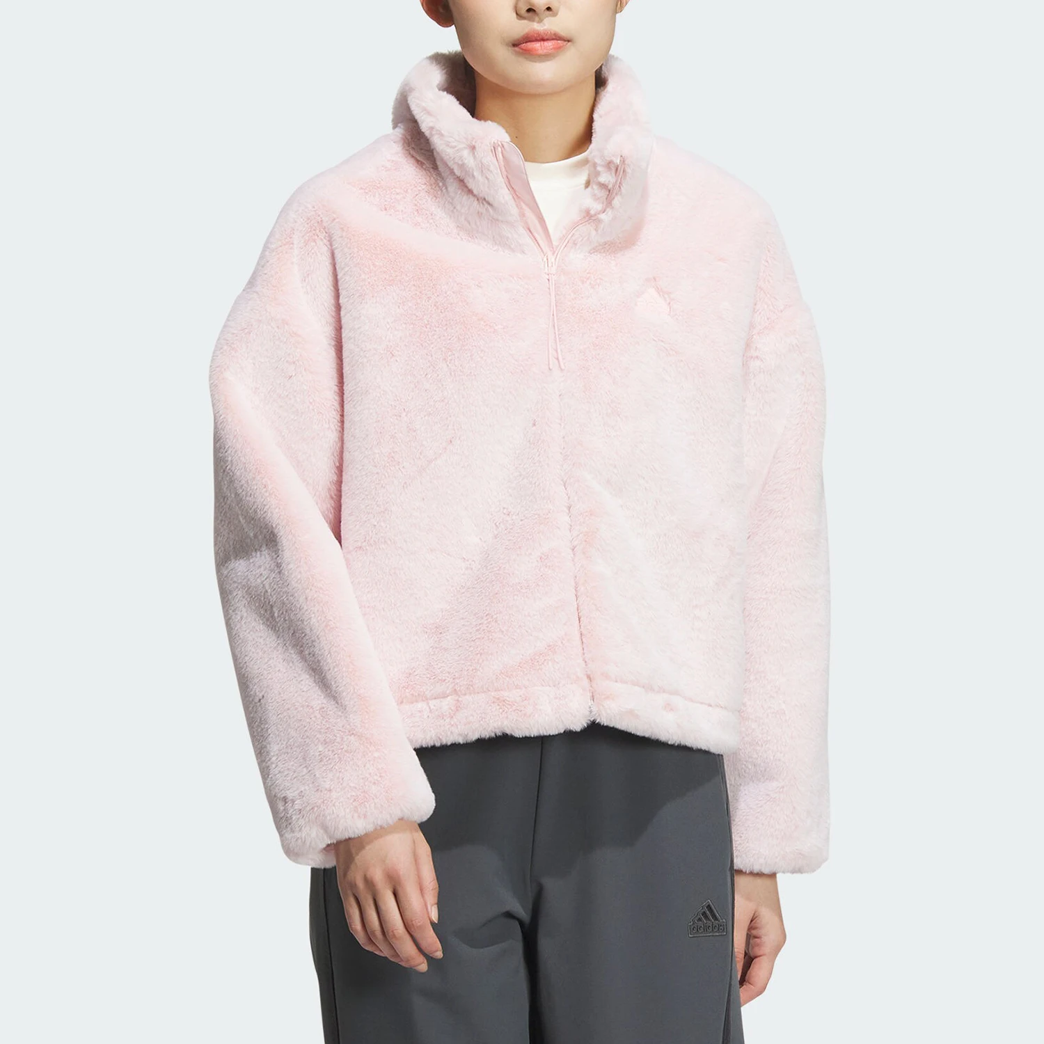 

Официальная новая женская модная теплая плюшевая куртка Adidas с воротником-стойкой JJ1080