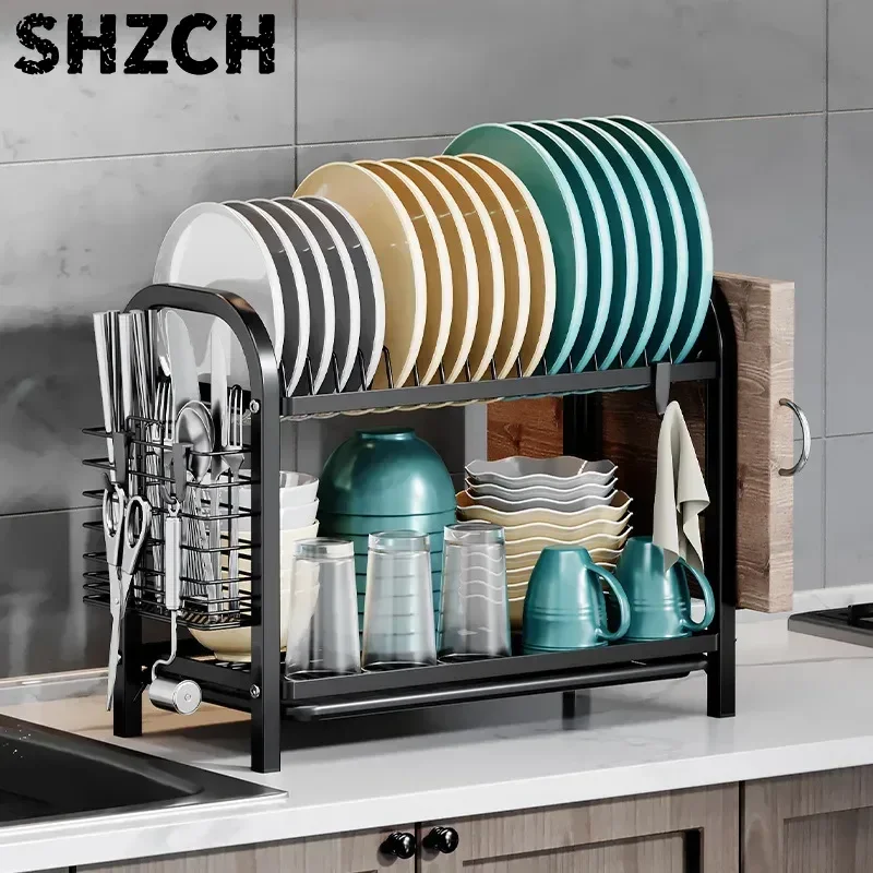 2-Tier Dish Organizer with Drain Tray Space-Saving Kitchen Storage Rack for Plates Knives Forks and Cutting Board