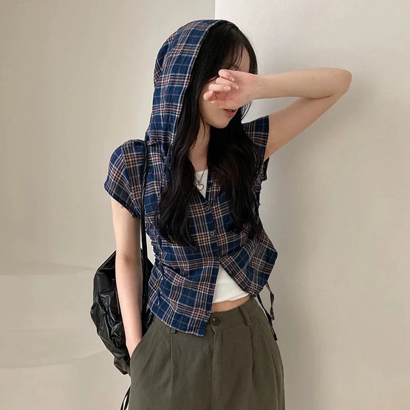 Navy Plaid Hooded Sleeveless Drawstring Crop Shirt Women Button Front Slim Short Checkered Top