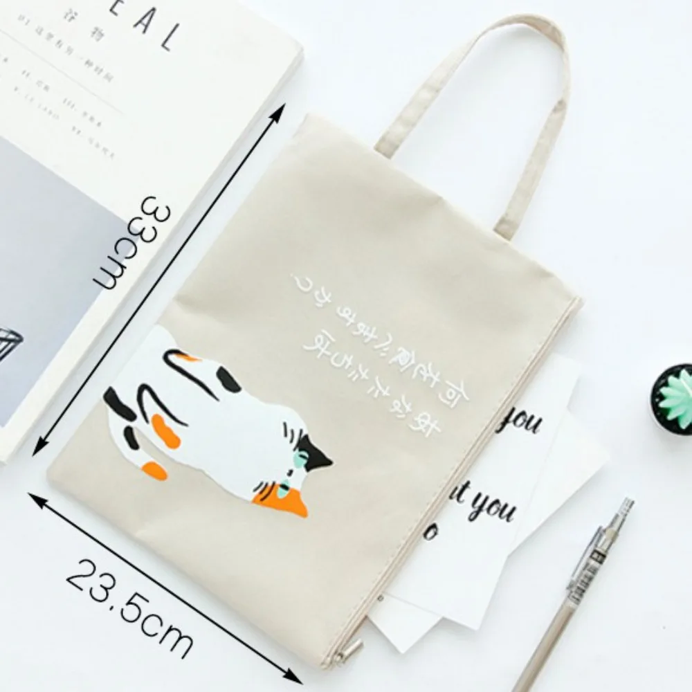 Bolsa portátil para documentos A4, bolsa de almacenamiento de papel con imagen de gato de lona, bolso de suministros escolares de dibujos animados