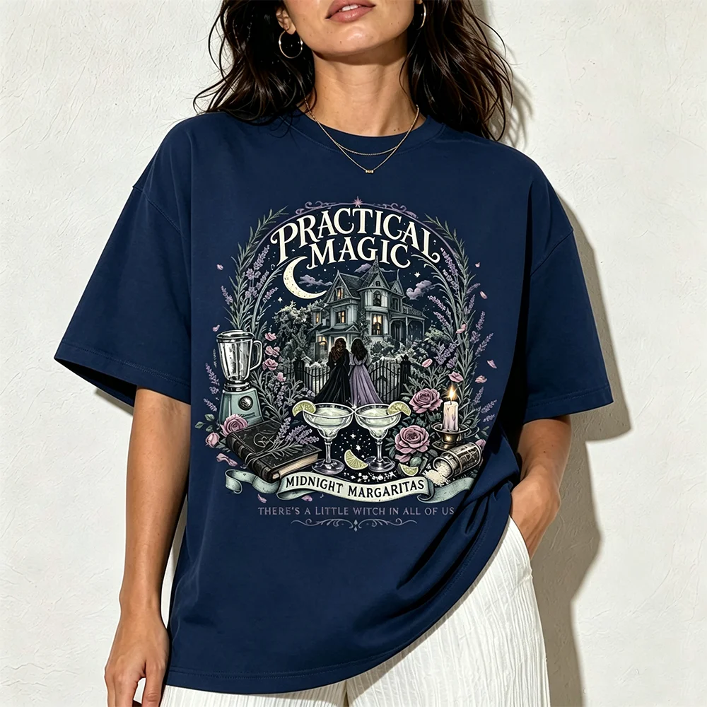 Practical Magic Midnight Margaritas Print Shirt Women Vintage Witchy Short Sleeve Round Neck Oversized Tee Witch Lover Gift Top