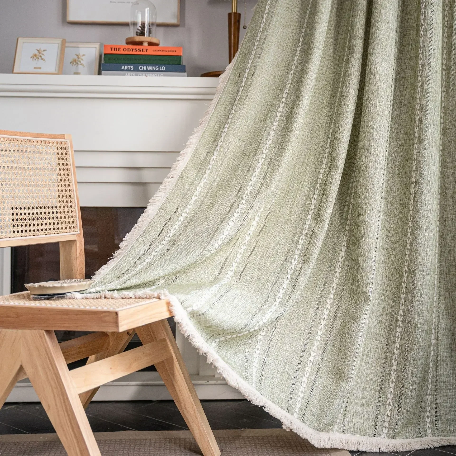 1 PC Bay Window Curtains Green Contrast Blackout Curtains Semi Blackout Tassel Embroidery Bedroom Living Room Curtains