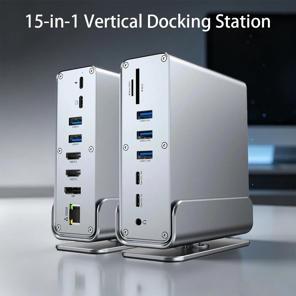 15-In-1 Vertical USB C Dock Triple 4K 60Hz HDMI-compatible DP Hub USB3.2 10Gbps Gigabit RJ45 PD100W SD TF Audio Adapter
