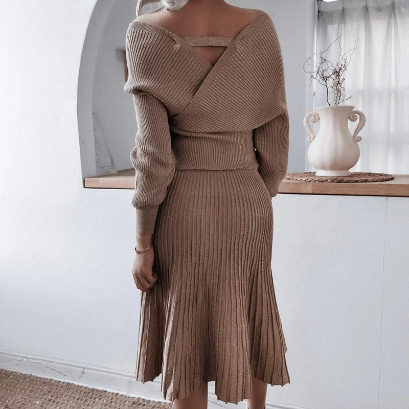 Ficusrong Long Sleeve Off The Shoulder Sweater Pleated Skirt Bright Silk Two Piece Set Autumn Winter Women Solid Knitting Suit