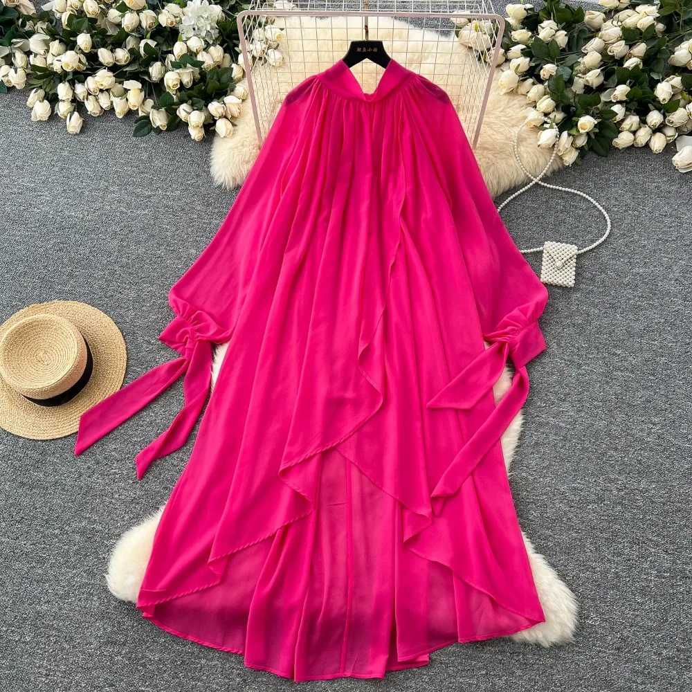 Chic Long Sleeve O Neck Bandage Ruffle Asymmetric Loose Dress A-line Casual Long Dresses Korean Fashion Women Elegant Vestidos