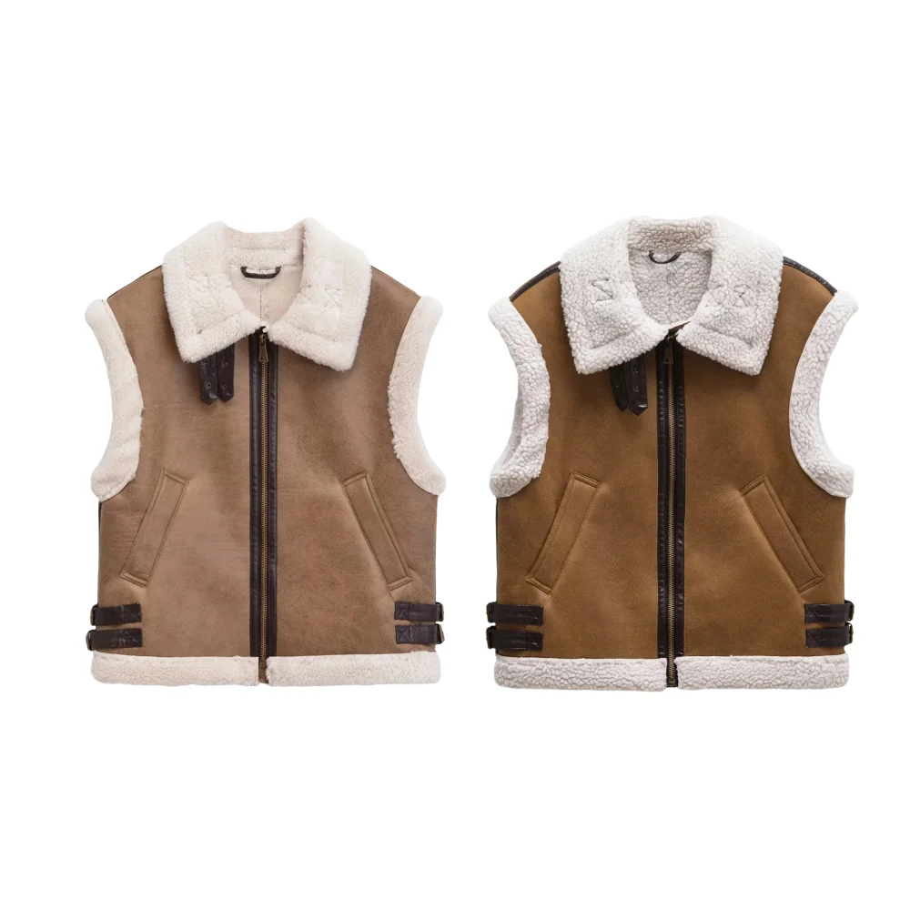 Taop & Za UR-Gilet chaud en peluche, ample, sans manches, fermeture éclair, tempérament, polyvalent, automne, hiver, 2024