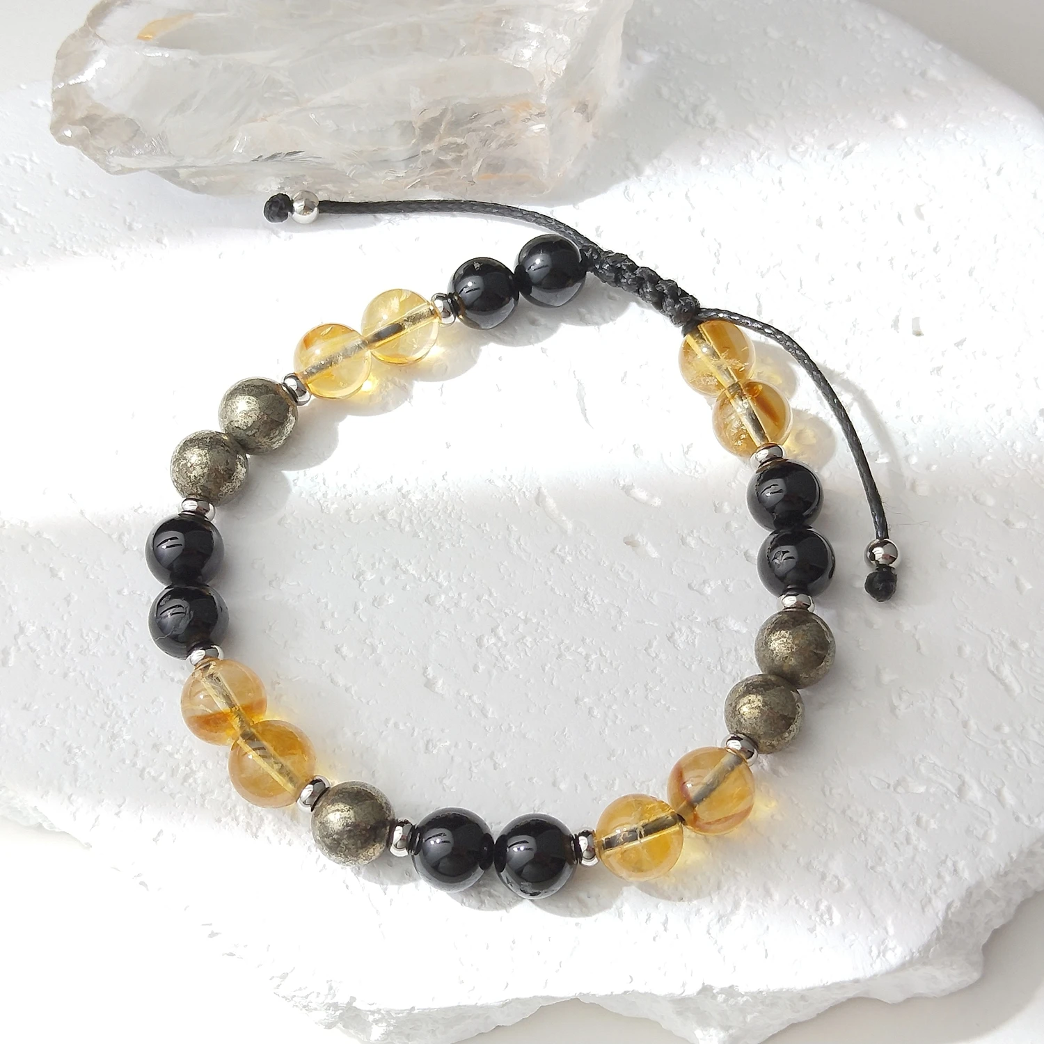 

Lii Ji Natural Stone Citrine Pyrite Black Tourmaline 8mm Adjustable Bracelet for Male Jewelry 20-27cm