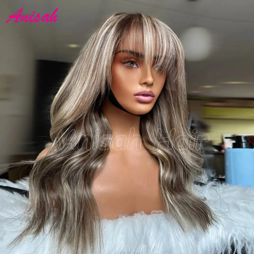 Blonde Highlight Wigs Human Hair 13x4 HD Transparent Lace Frontal Wigs For Women Body Wave Human Hair Wigs with Bangs