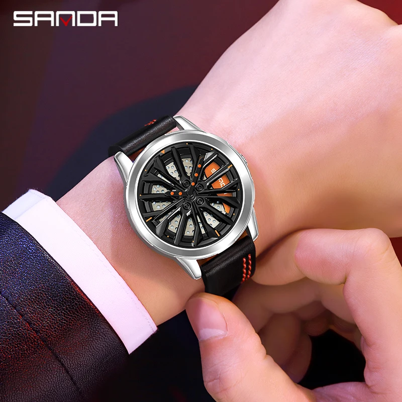 SANDA P1063 2023 Mens Rim Hub Watch Wheel Wristwatches Clock Sport Car Creative 360 Spinning Male Wrist Watches Reloj De Hombre